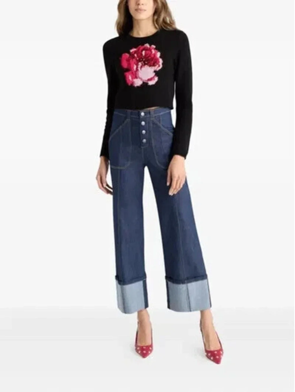 NEW, Cinq A Sept Heritage Rose Issa Wool Blend Crop Sweater Black Sz S #S7726